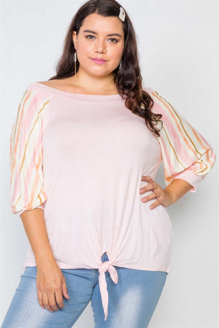 Plus Size Pink Scoop-neck 3/4 Sleeve Top