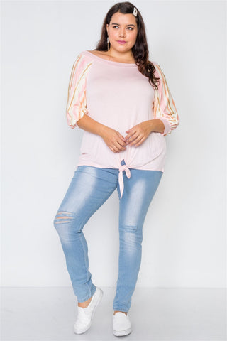 Plus Size Pink Scoop-neck 3/4 Sleeve Top