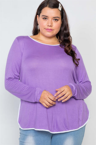 Plus Size Knit Long Sleeve Contrast Trim Top