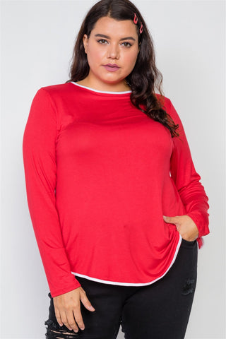 Plus Size Knit Long Sleeve Contrast Trim Top