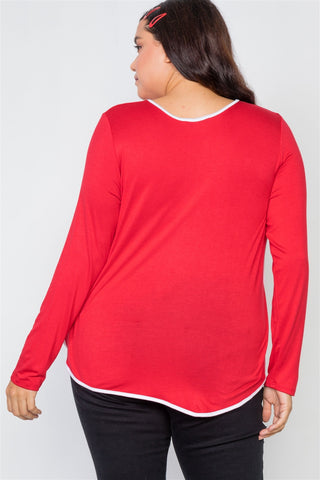 Plus Size Knit Long Sleeve Contrast Trim Top