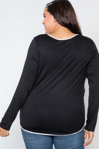 Plus Size Knit Long Sleeve Contrast Trim Top