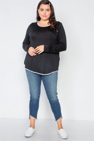 Plus Size Knit Long Sleeve Contrast Trim Top