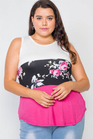 Plus Size Color Block Floral Print Sleeveless Top