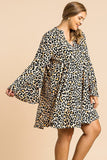 Animal Print Oversize Bell Sleeve V-neck Dress