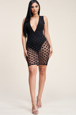 Sleeveless Plunged V Neck Mini Dress With Burnout Mesh Skirt