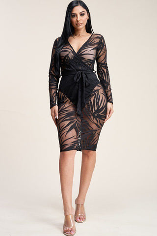 Long Sleeve Cross Over Burnout Mesh Midi Dress