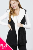 Open Front W/hoodie Faux Fur Reversible Vest