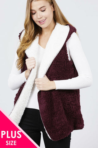 Open Front W/hoodie Faux Fur Reversible Vest
