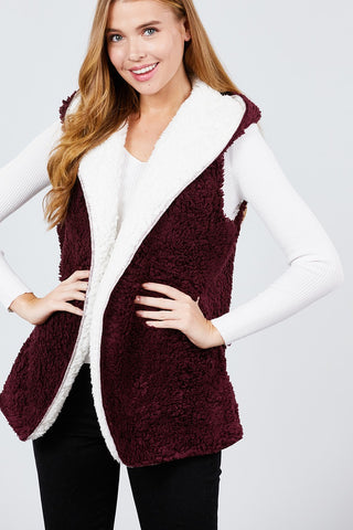Open Front W/hoodie Faux Fur Reversible Vest