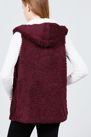 Open Front W/hoodie Faux Fur Reversible Vest