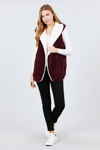 Open Front W/hoodie Faux Fur Reversible Vest