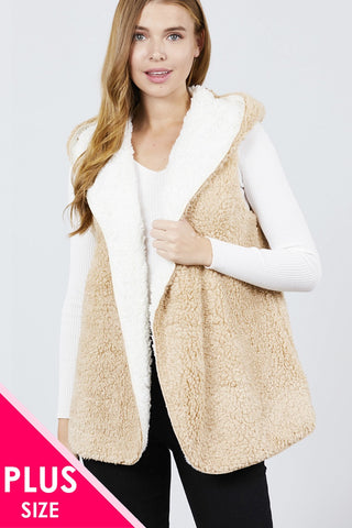 Open Front W/hoodie Faux Fur Reversible Vest