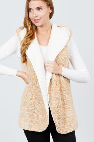 Open Front W/hoodie Faux Fur Reversible Vest