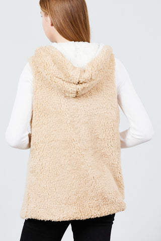 Open Front W/hoodie Faux Fur Reversible Vest