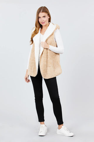 Open Front W/hoodie Faux Fur Reversible Vest