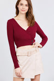 Long Sleeve Surplice Neck Line Button Detail Rib Knit Top