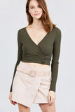 Long Sleeve Surplice Neck Line Button Detail Rib Knit Top