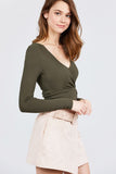 Long Sleeve Surplice Neck Line Button Detail Rib Knit Top