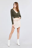 Long Sleeve Surplice Neck Line Button Detail Rib Knit Top