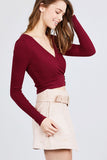 Long Sleeve Surplice Neck Line Button Detail Rib Knit Top