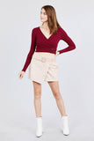 Long Sleeve Surplice Neck Line Button Detail Rib Knit Top