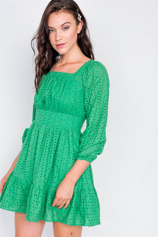 Kelly Green Lace Floral Eyelet Mini Midi Frill Dress