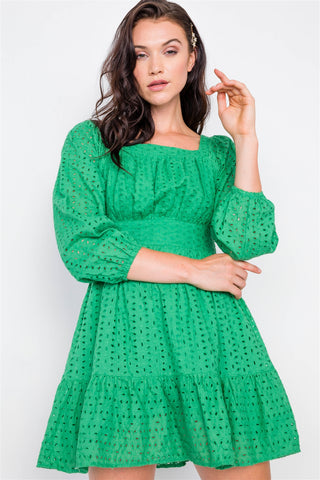 Kelly Green Lace Floral Eyelet Mini Midi Frill Dress