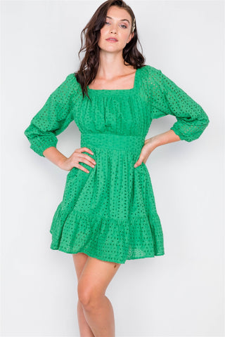Kelly Green Lace Floral Eyelet Mini Midi Frill Dress
