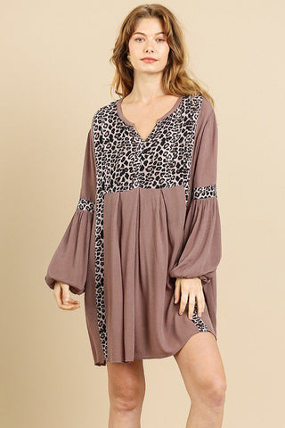 Animal Print Long Puff Sleeve Split Neck Babydoll Dress