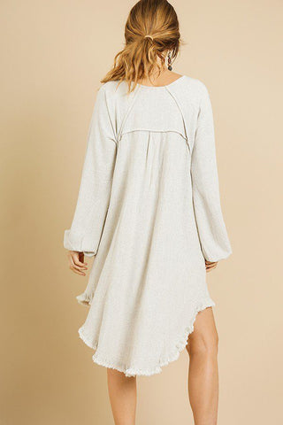 Linen Blend Long Puff Sleeve Round Neck High Low Dress