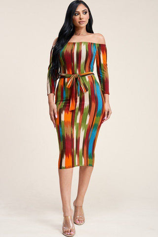 Multi Color Antenna Print 3/4 Sleeve Off The Shoulder Midi Dress