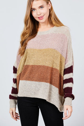 Long Dolman Sleeve Round Neck Multi Color Block Sweater