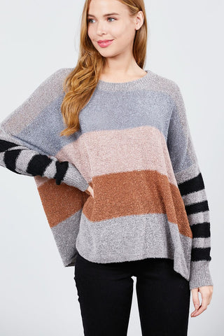 Long Dolman Sleeve Round Neck Multi Color Block Sweater