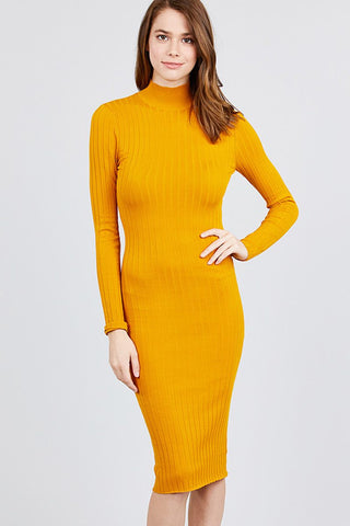 Long Sleeve Mock Neck Rib Sweater Midi Dress