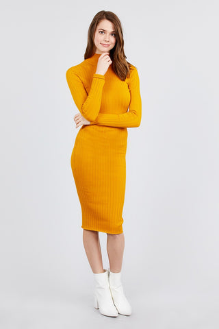 Long Sleeve Mock Neck Rib Sweater Midi Dress