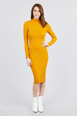 Long Sleeve Mock Neck Rib Sweater Midi Dress