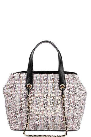Chic Rough Fabric Woven Satchel With Linked Chain