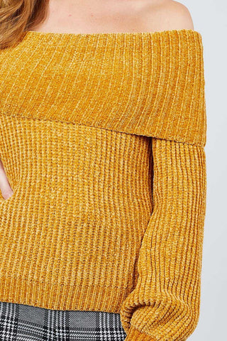 Long Sleeve Fold Over Off The Shoulder Chenille Sweater