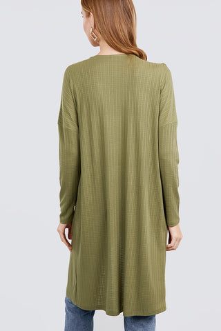 Long Dolman Sleeve Open Front W/pocket Pointelle Rib Long Cardigan