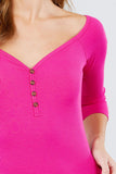 3/4 Short Sleeve Button Down Detail Heavy Rib Knit Top