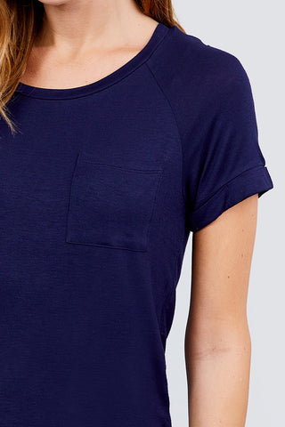 Short Raglan Sleeve Round Neck W/pocket Rayon Spandex Top