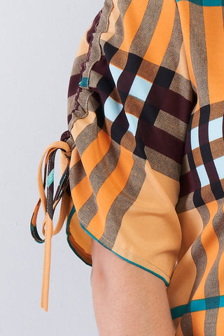 Plus Size Plaid Multi Stripe Cinched Sleeve Button Down Top