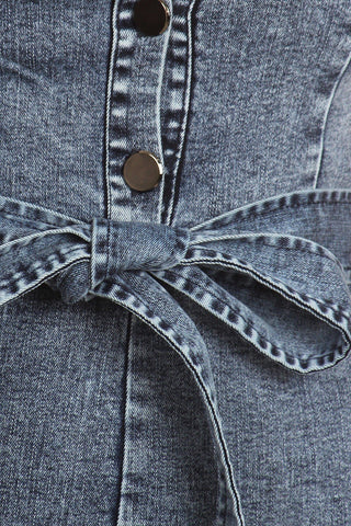 Fitted Denim Jumpsuit With Waist Tie, Button Down Detail, And Collar