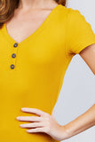 Short Sleeve V-neck W/button Detail Rib Knit Top