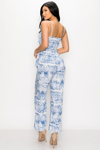 Tropical Leaf Print Tie Waist Jumpsuit