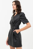 Pleather Dress With Belt Buckle Across Waist. Short Sleeve With V Neckline