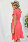 Solid Basic Ruffle Detailed Tulip Overlay Short Sleeve Surplice Dress With Ribbon Tie Waist Detail