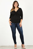Plus Size 3/4 Sleeve V-neck With Gathered O-ring Detail At Bust
