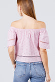 Elbow Sleeve Off The Shoulder Lace Trim Eyelet Detail Woven Top